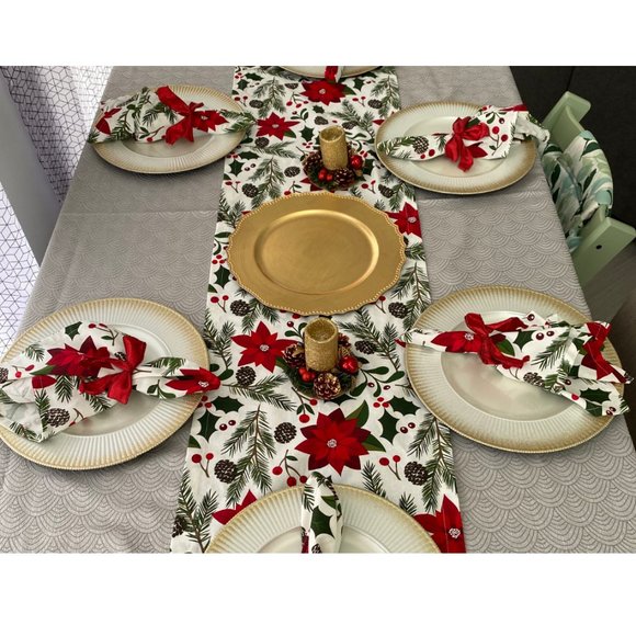Christmas Table Runner Red Holiday Decorative Cloth Poinsettia Decor Decoration - Picture 3 of 10